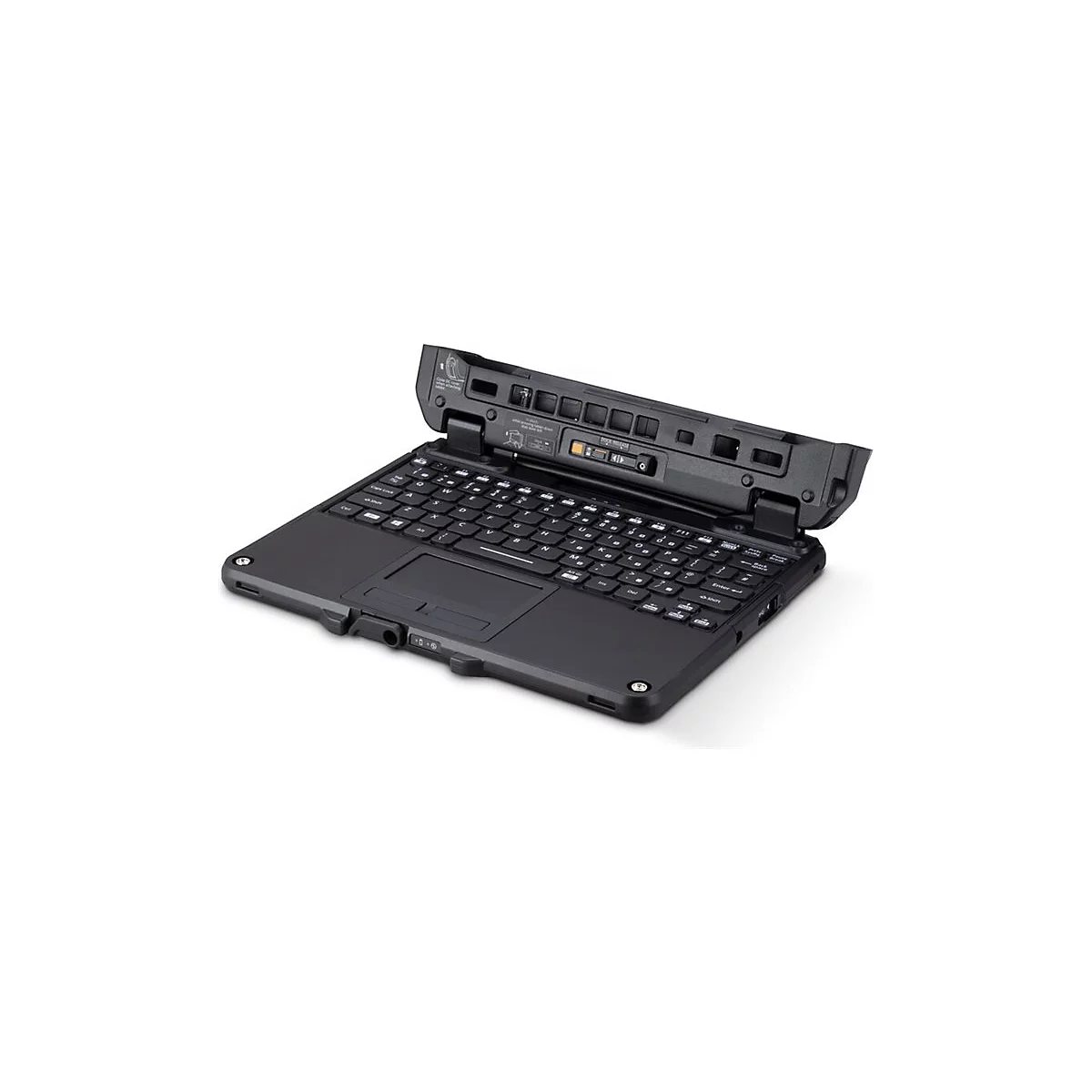 Schwarze Notebook-Tastatureinheit mit Docking-Anschluss vor neutralem Hintergrund.