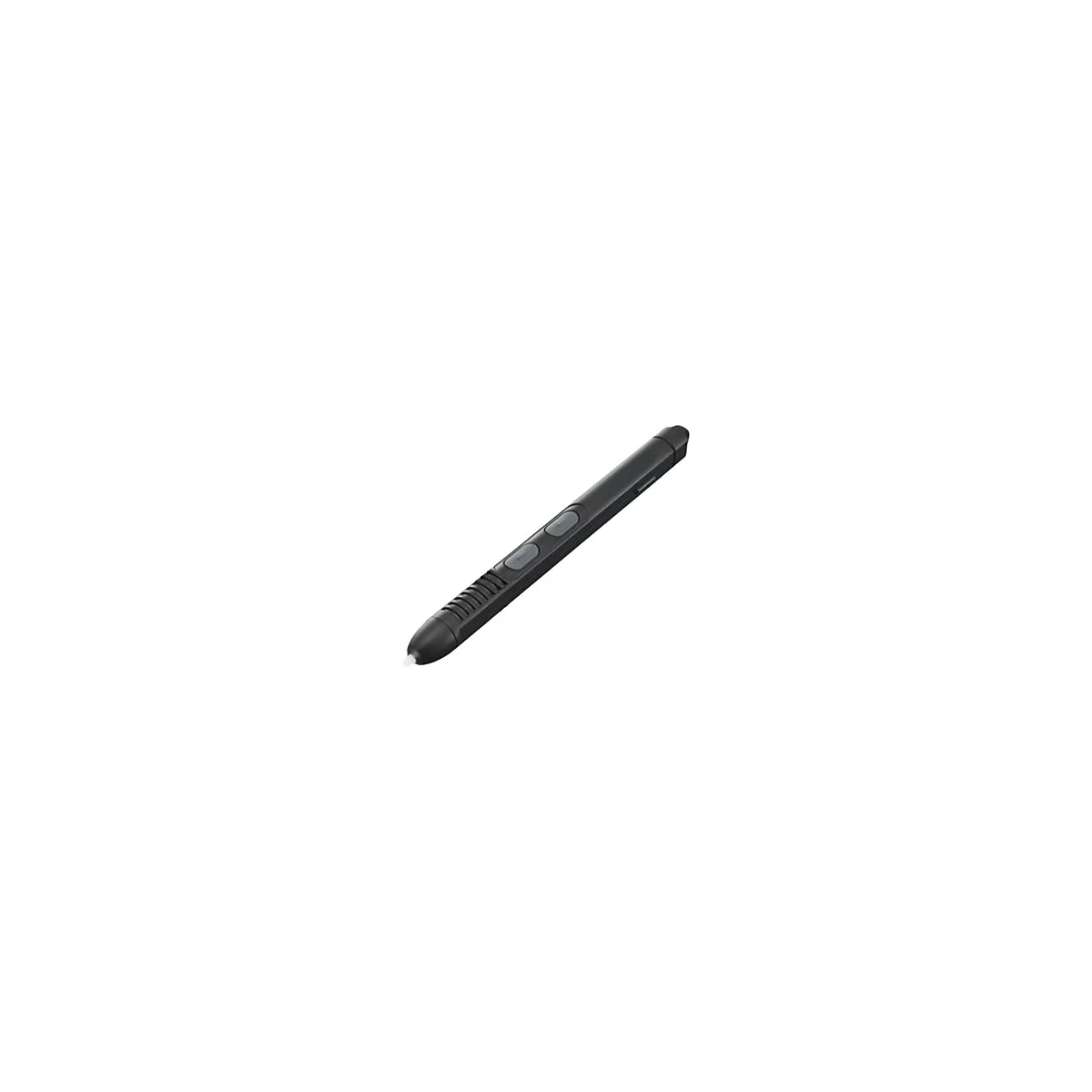 Schwarzer Eingabestift mit grauen Tasten und weißer Spitze vor weißem Hintergrund.