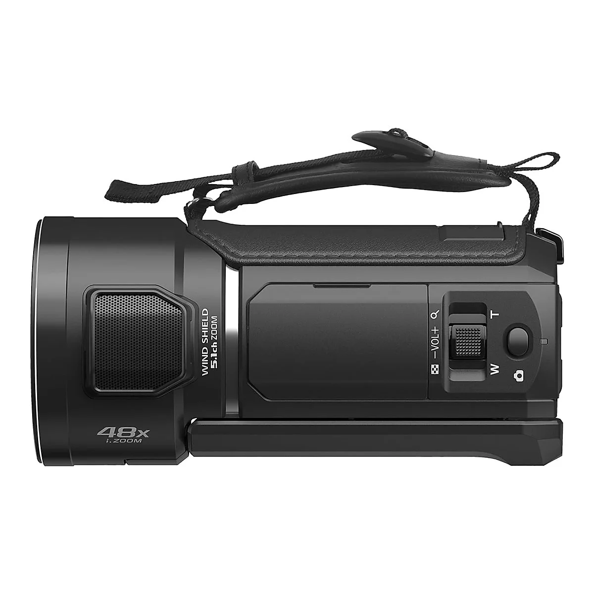 Schwarze Videokamera mit Trageriemen. Sichtbar sind Tasten und Zoom-Funktion. Aufschrift: 48x i.Zoom, Wind Shield.