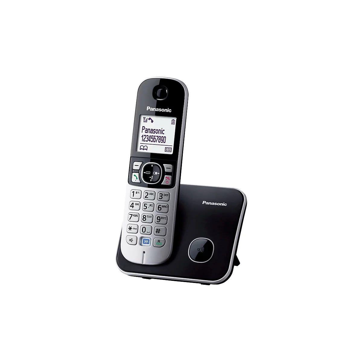 Ein schnurloses Telefon von Panasonic, auf einer Ladestation stehend. Auf dem Display stehen Panasonic 1234567890.