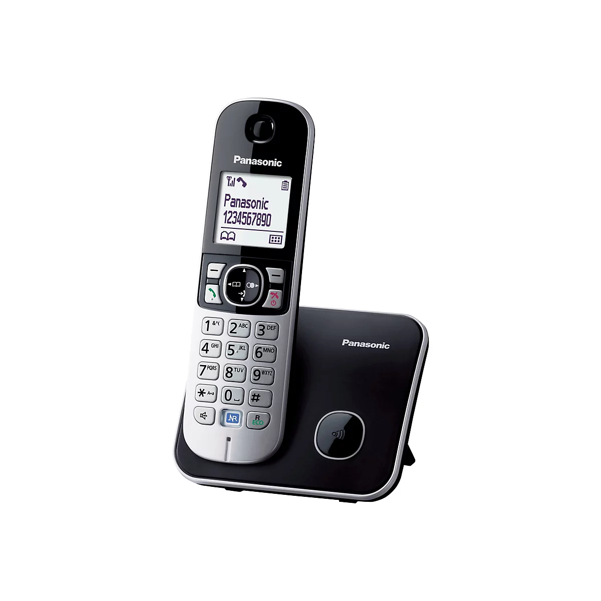 Schnurloses Panasonic-Telefon mit Ladestation in Schwarz und Silber.
