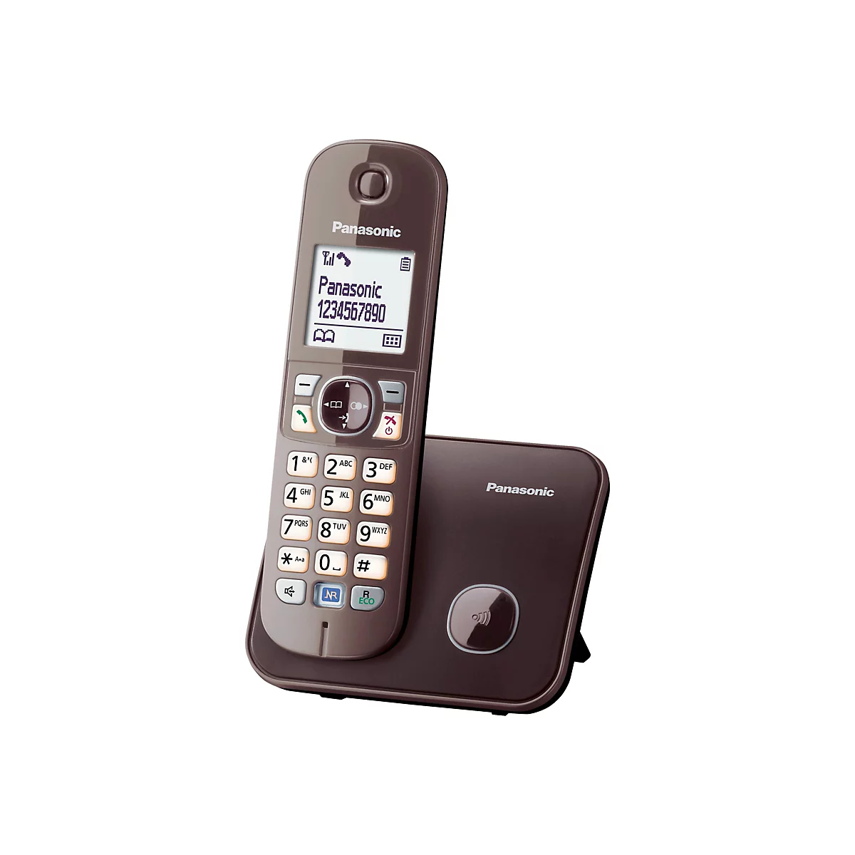 Dunkelbraunes Panasonic Schnurlostelefon mit Basisstation auf weißem Hintergrund.