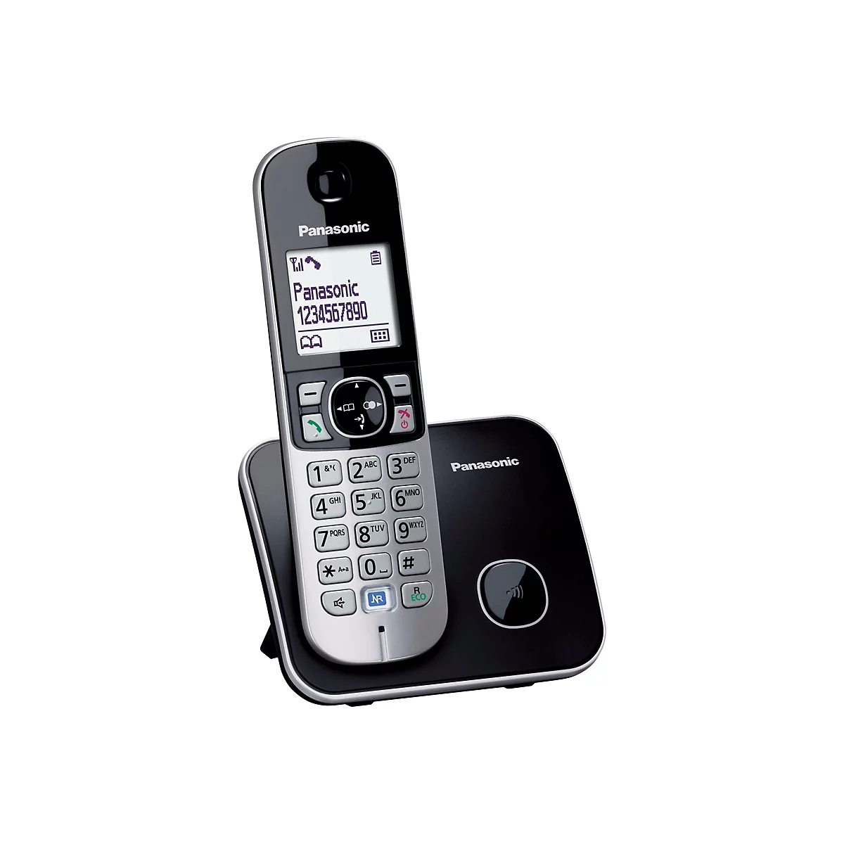 Schwarzes Panasonic DECT-Schnurlostelefon mit beleuchtetem Display und silberner Tastatur in der Basisstation.