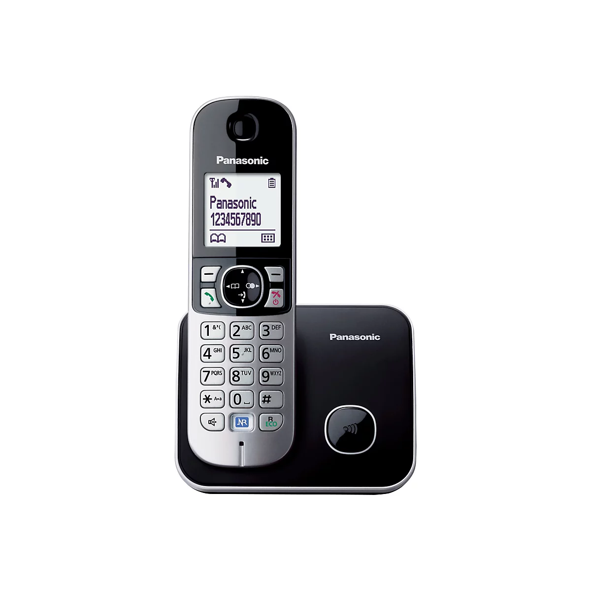 Schwarzes Panasonic-Festnetztelefon mit silberner Tastatur auf der Basisstation vor weißem Hintergrund.