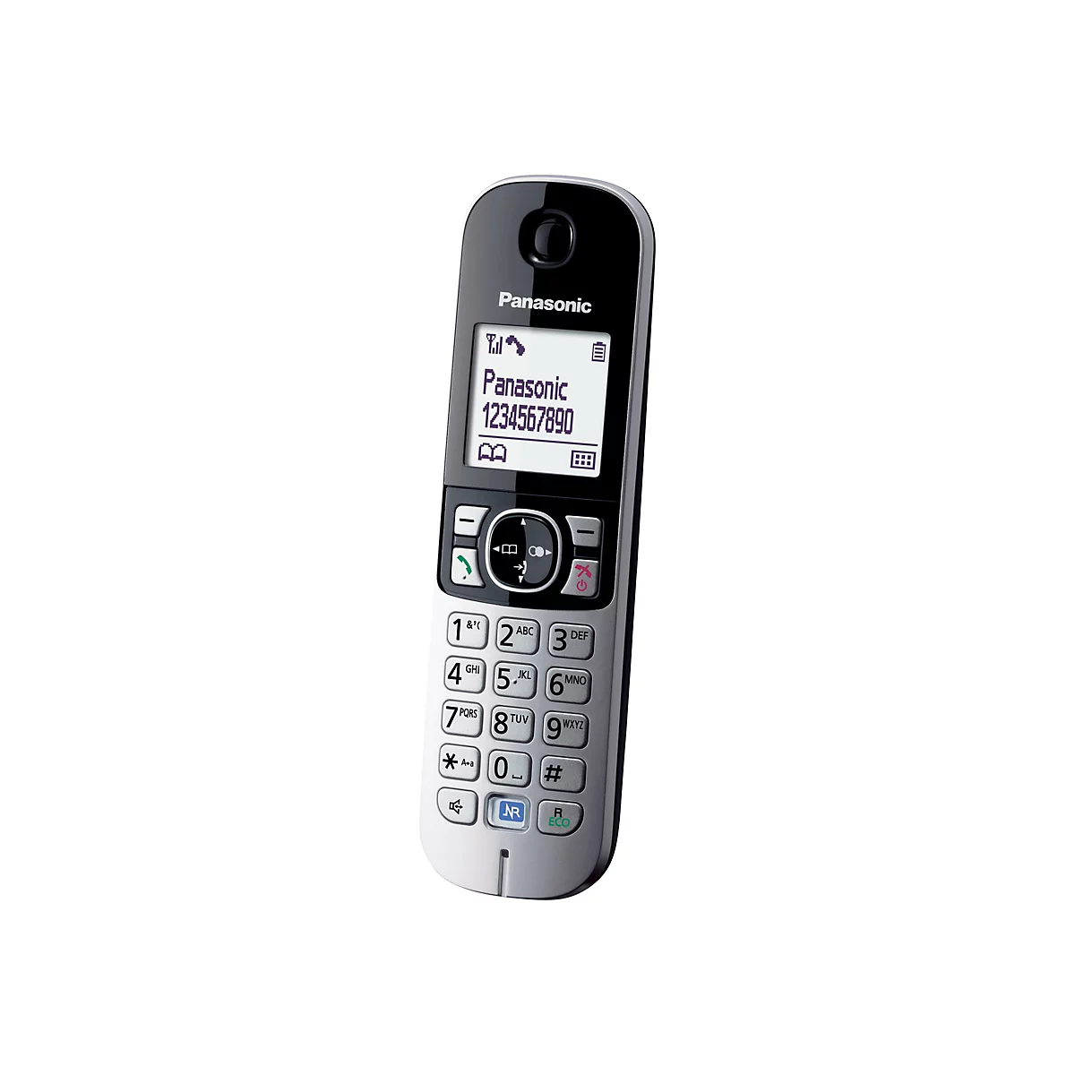 Schwarzes und silbernes Panasonic DECT-Schnurlostelefon auf weißem Grund.