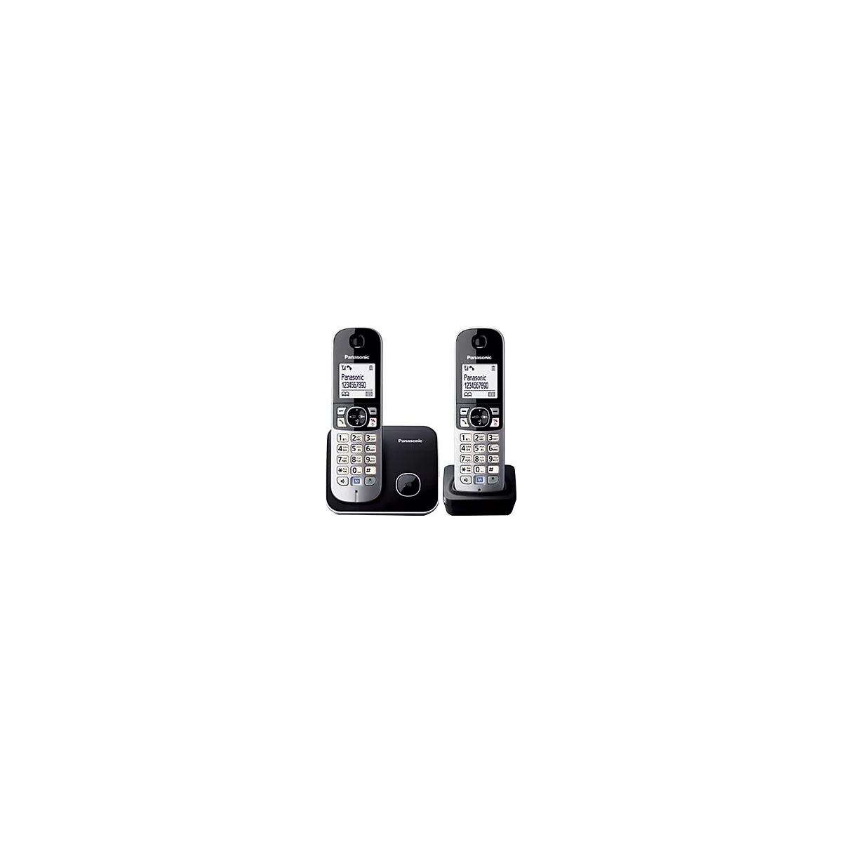 Zwei silber-schwarze Panasonic DECT-Schnurlostelefone mit Ladestationen vor weißem Hintergrund.