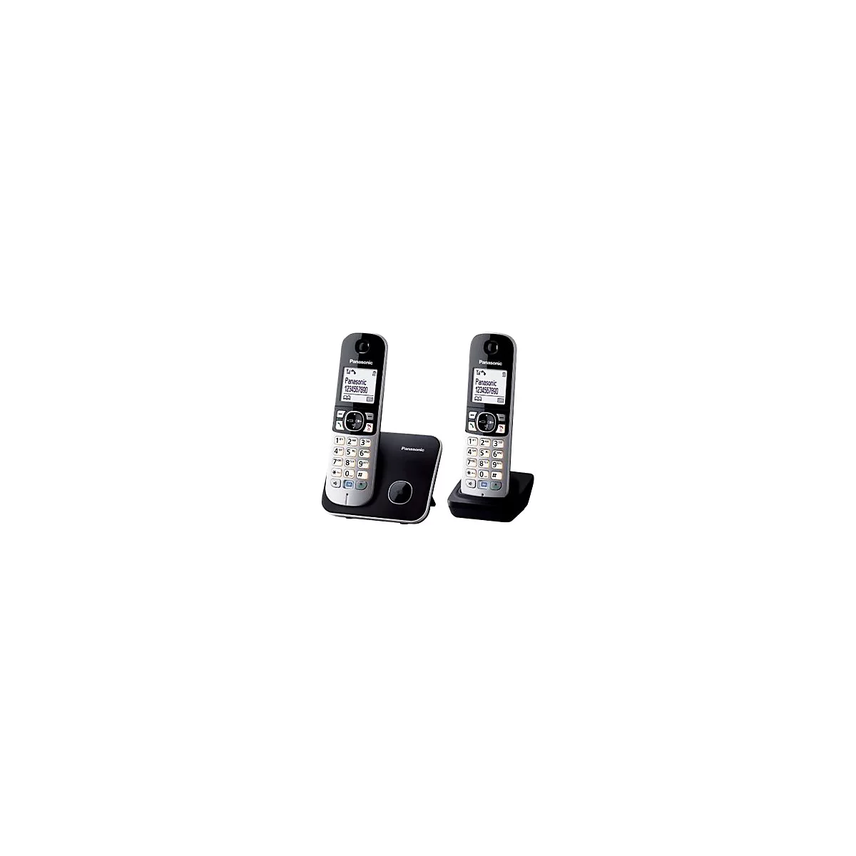 Zwei silber-schwarze Panasonic DECT-Telefone mit Basisstation auf weißem Hintergrund.