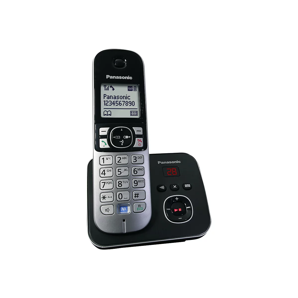 Schwarzes Panasonic Schnurlostelefon mit silberner Tastatur und Basisstation auf weißem Hintergrund.