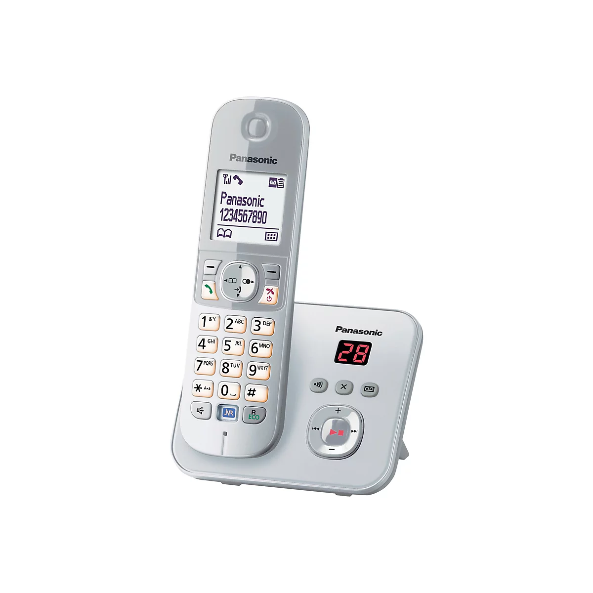 Helles Panasonic Schnurlostelefon mit Basisstation auf weißem Hintergrund.