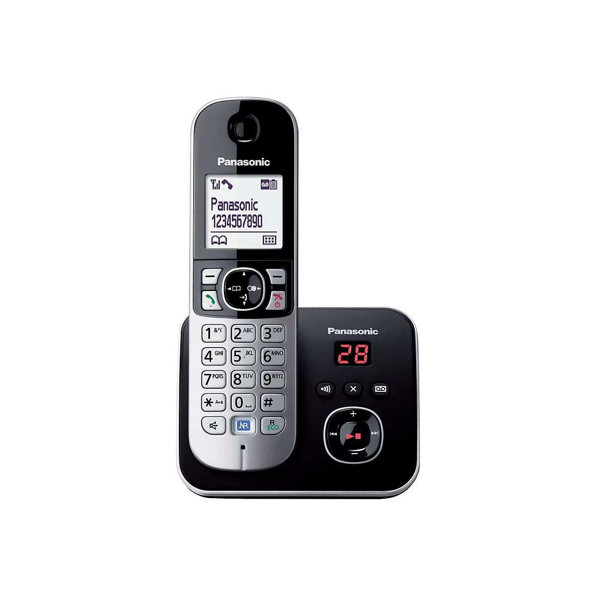 Schwarzes Panasonic Schnurlostelefon mit Basisstation und leuchtendem Display vor weißem Hintergrund.
