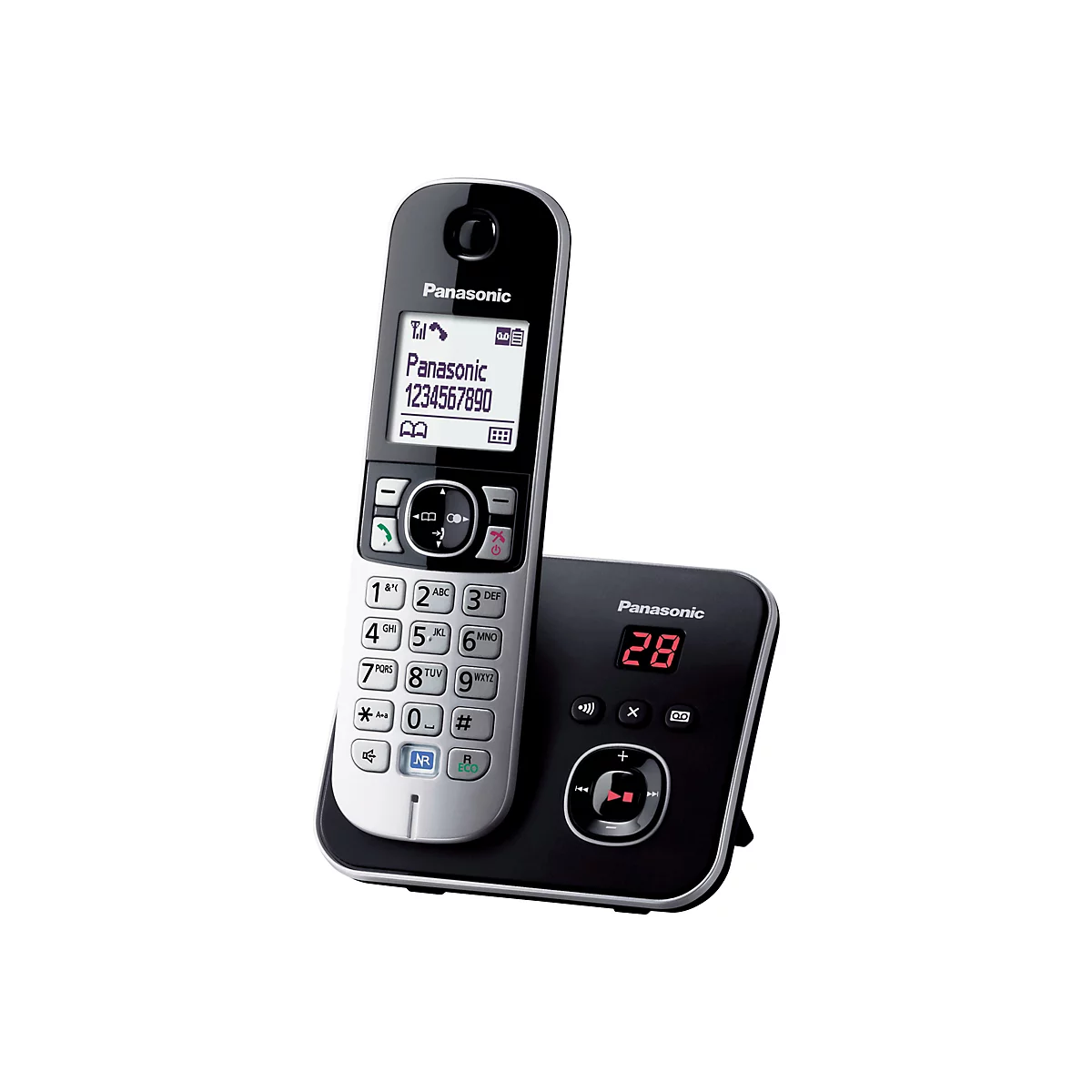 Schwarzes Panasonic Schnurlostelefon mit silberner Tastatur und Basisstation mit Anrufbeantworter.