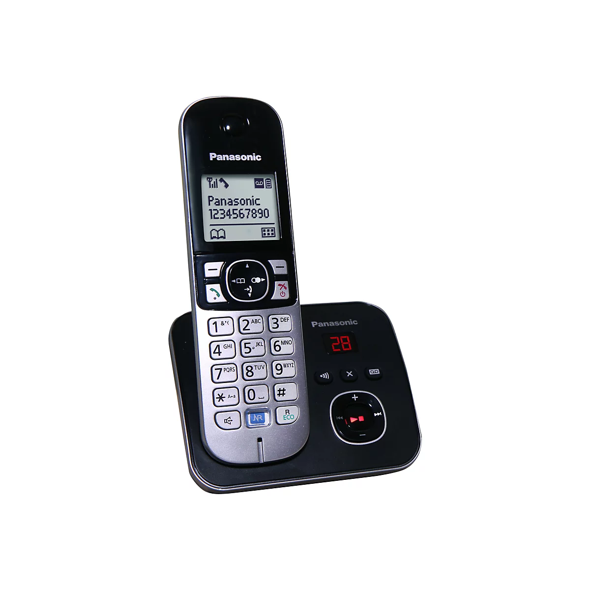 Schwarzes Panasonic DECT-Telefon mit silberner Tastatur auf einer Basisstation mit Anrufbeantworter.
