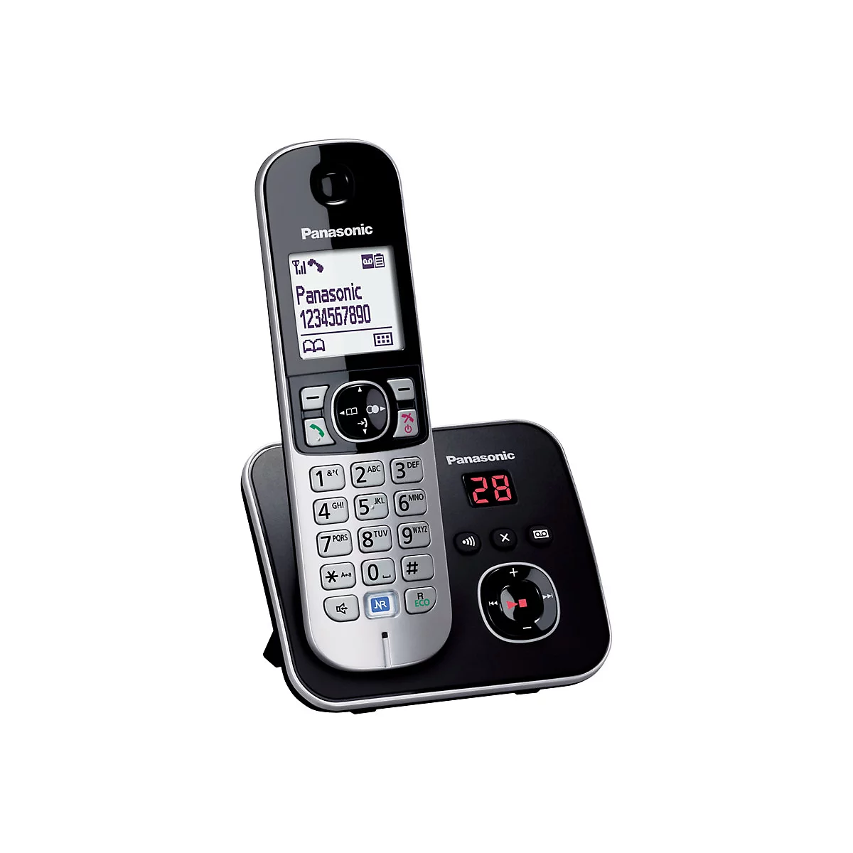 Schnurloses Telefon von Panasonic auf Ladestation. Display zeigt Nummer an.