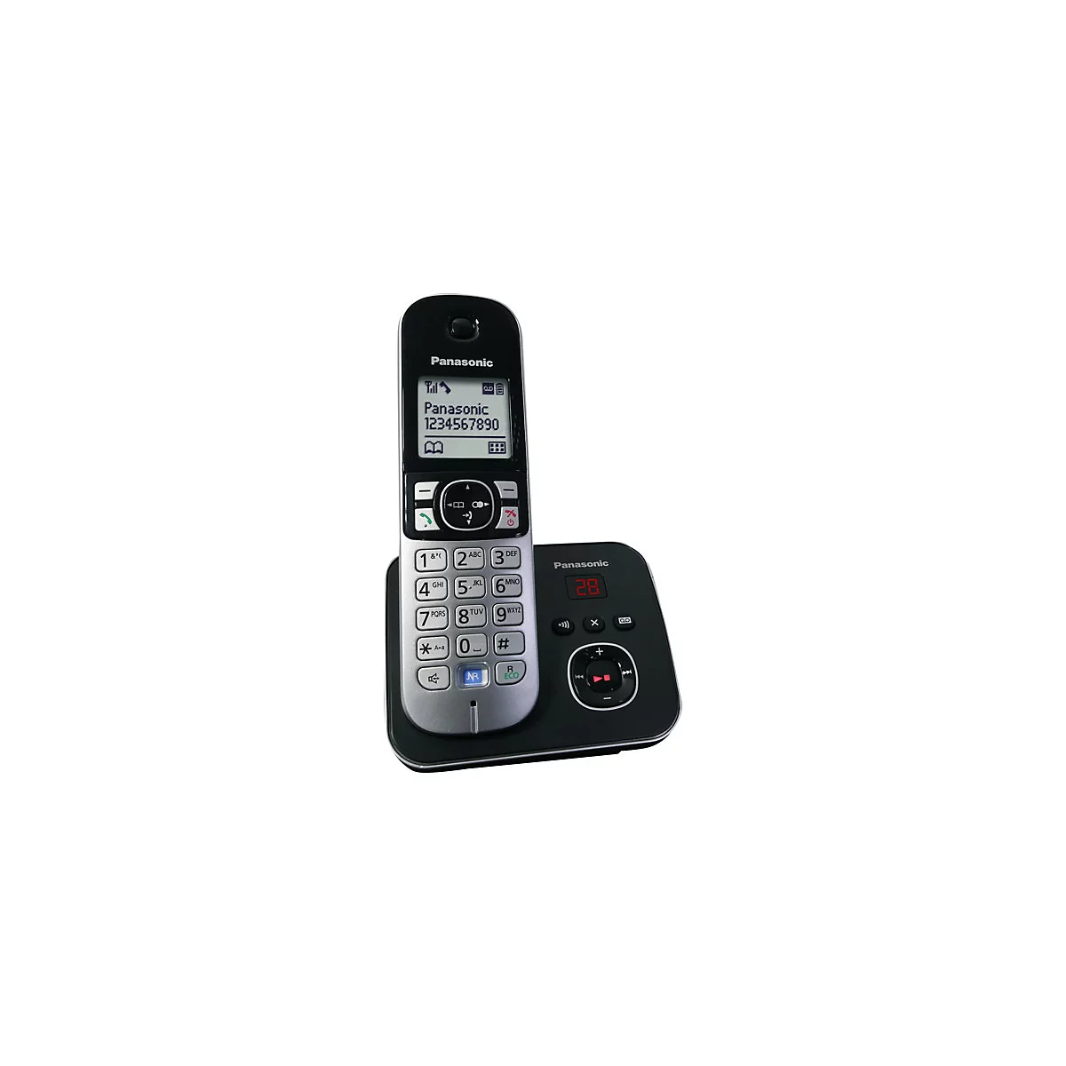 Schnurloses Panasonic Telefon mit Basisstation. Display zeigt Telefonnummer und MenÃ¼symbole. Das Telefon ist schwarz-silberfarben.