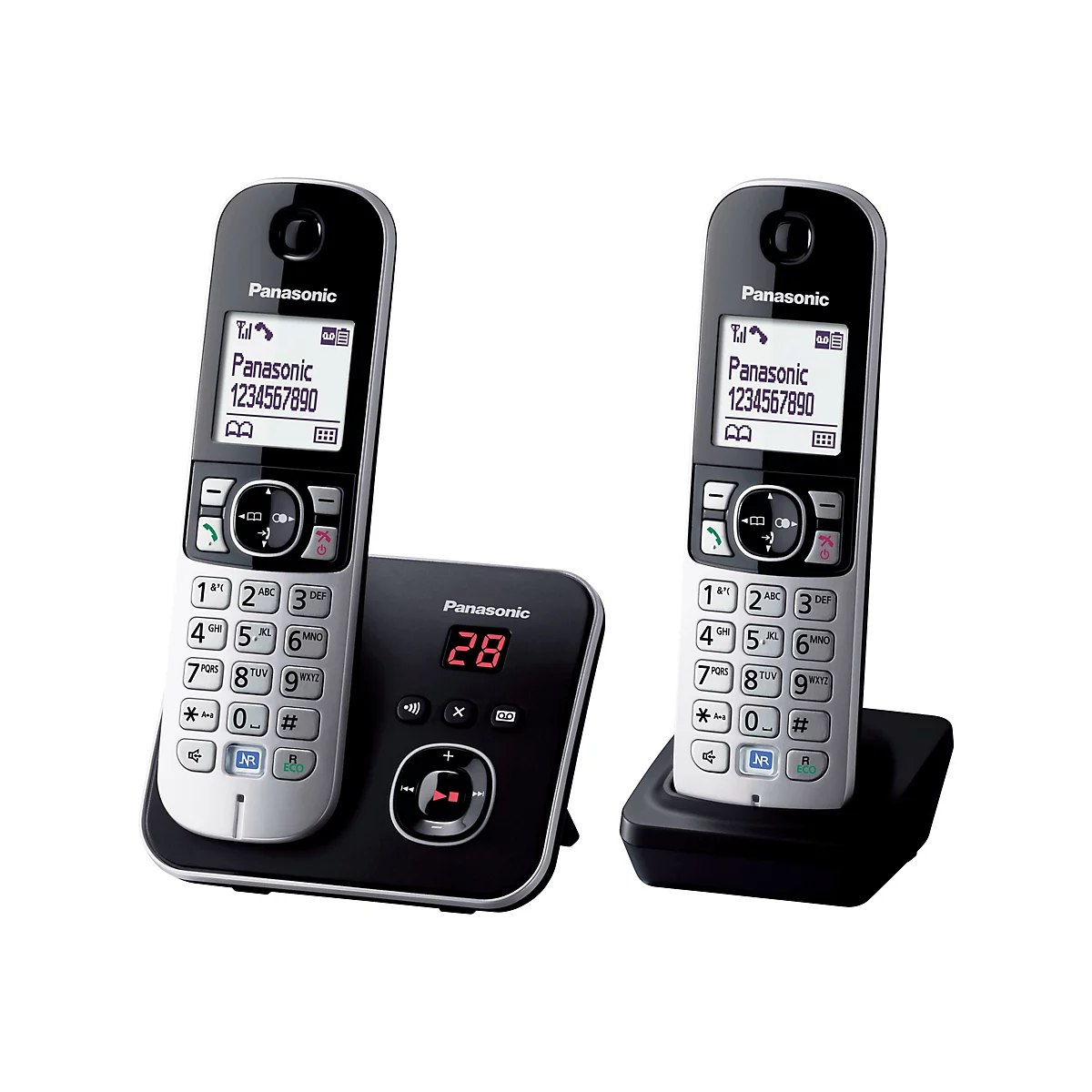 Zwei Panasonic DECT-Telefone mit Basisstation vor weißem Hintergrund.