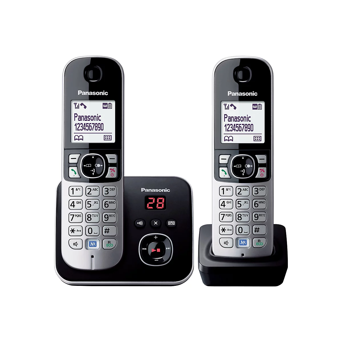 Zwei silber-schwarze Panasonic DECT-Telefone mit Basisstation vor weißem Hintergrund.