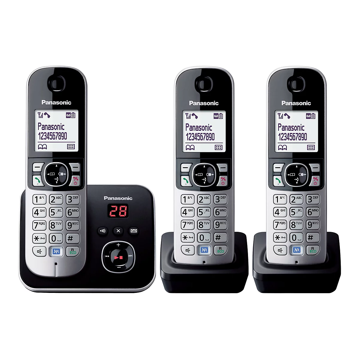 Drei silberne Panasonic DECT-Telefone mit Basisstation auf weißem Hintergrund.