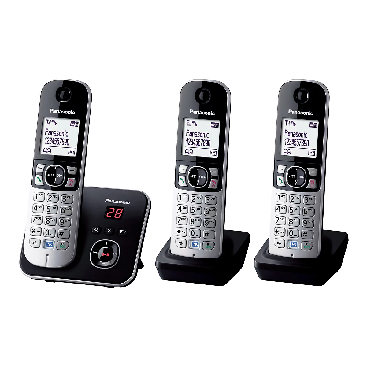 Drei silber-schwarze Panasonic DECT-Telefone auf Ladestationen vor weißem Hintergrund.
