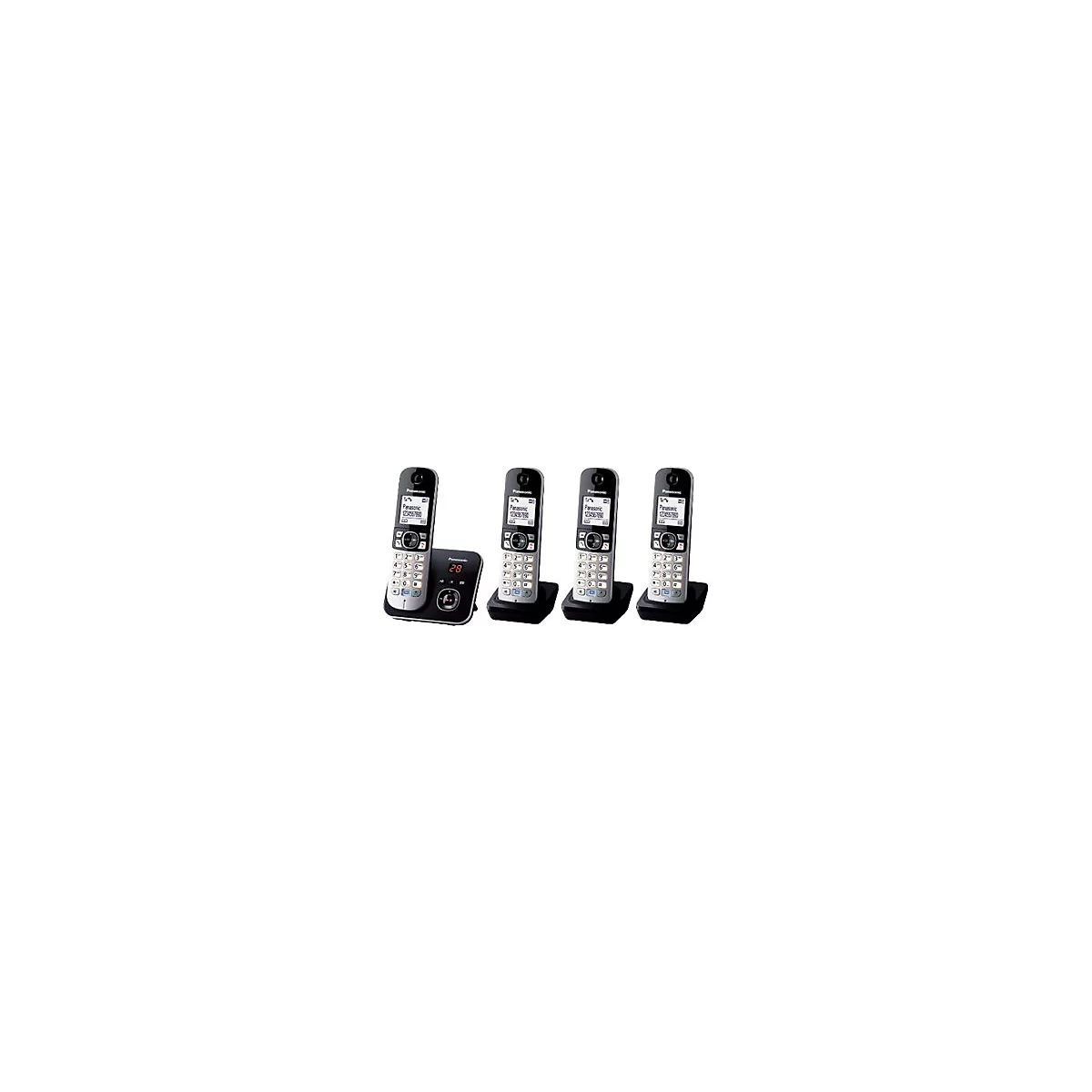 Vier silber-schwarze Panasonic DECT-Telefone mit Basisstation vor weißem Hintergrund.
