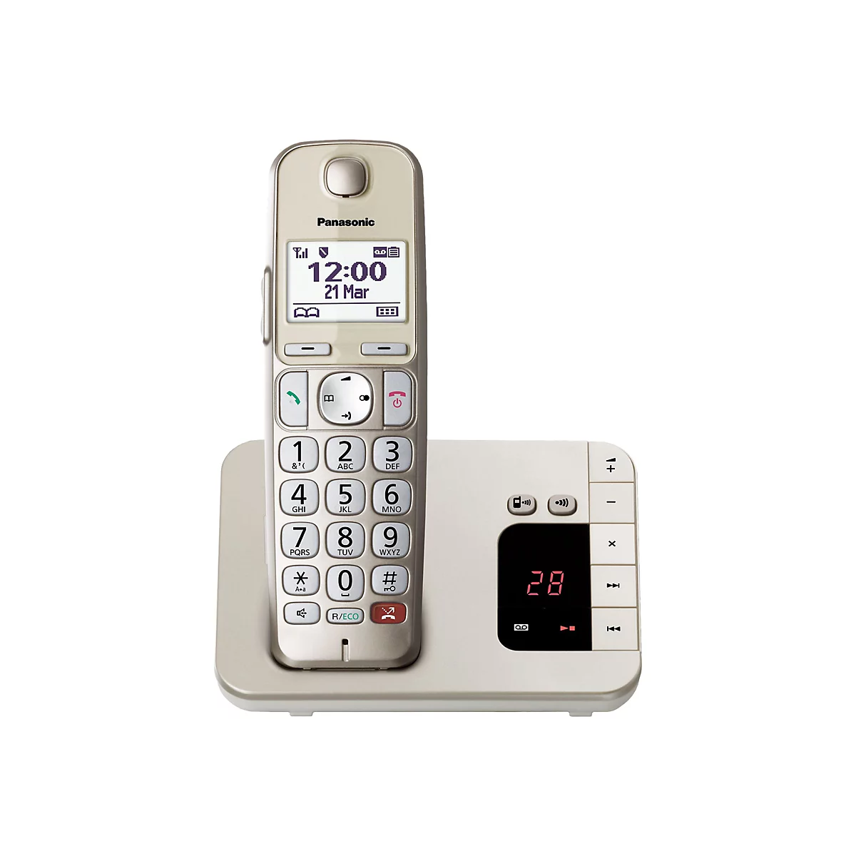 Ein schnurloses Telefon von Panasonic. Das Mobilteil steht in einer Ladestation und zeigt die Uhrzeit und das Datum an. Auf dem Mobilteil sind Ziffern und Symbole abgebildet.