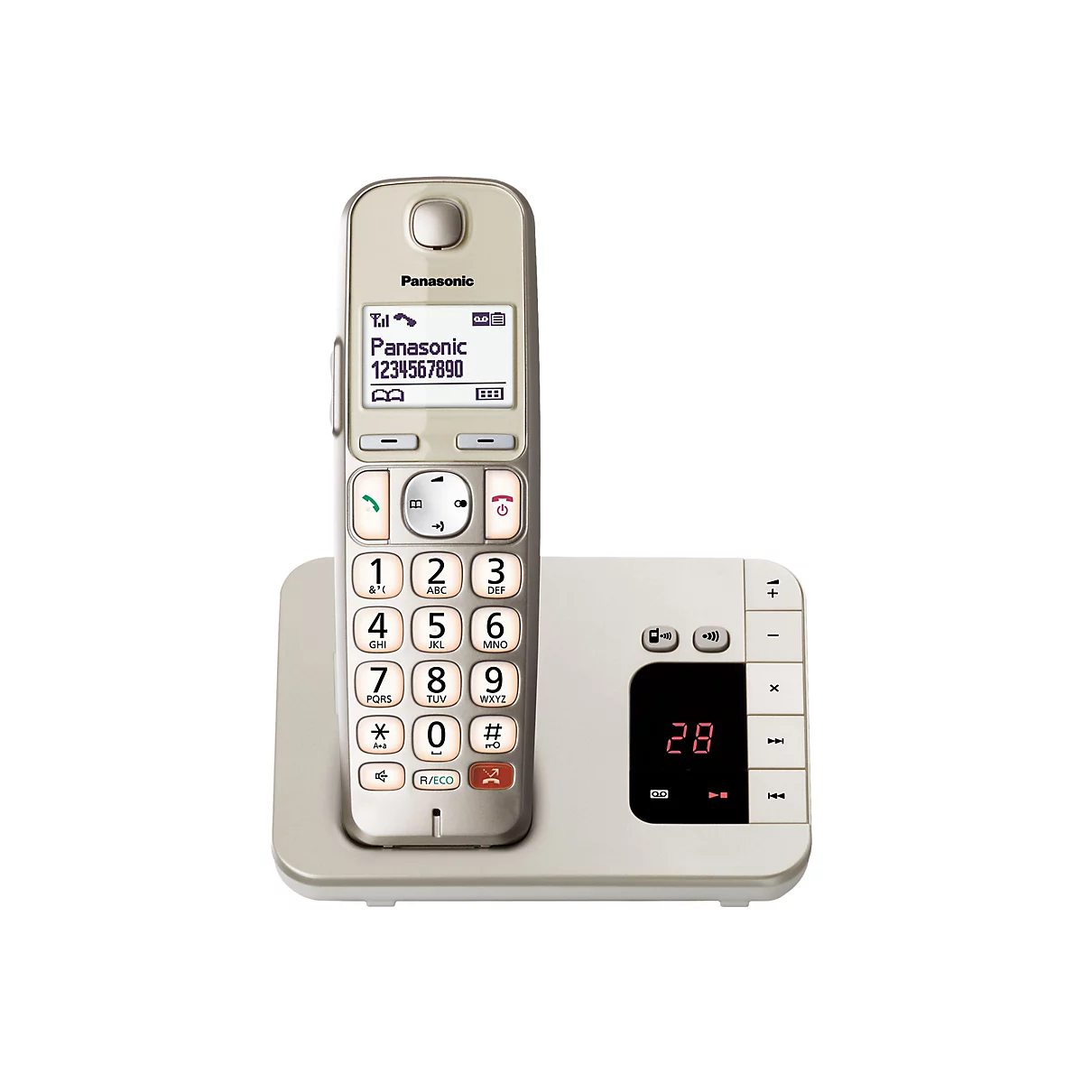 Ein beiges schnurloses Telefon der Marke Panasonic. Das Telefon hat eine Basisstation mit einem Display und Tasten. Das Mobilteil ist auf der Basisstation platziert und zeigt eine Telefonnummer auf dem Display.