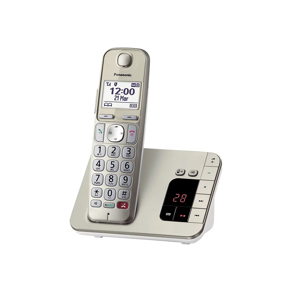 Ein schnurloses Telefon mit LCD-Display, das die Uhrzeit und das Datum anzeigt, steht auf einer Ladestation. Das Telefon und die Basis sind silbern.
