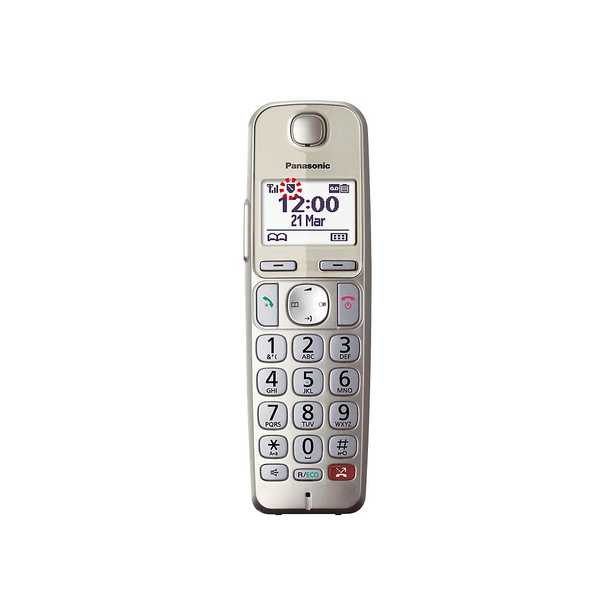 Schnurloses Telefon mit Bildschirm, Datum, Uhrzeit und Wähltasten. Marke Panasonic.
