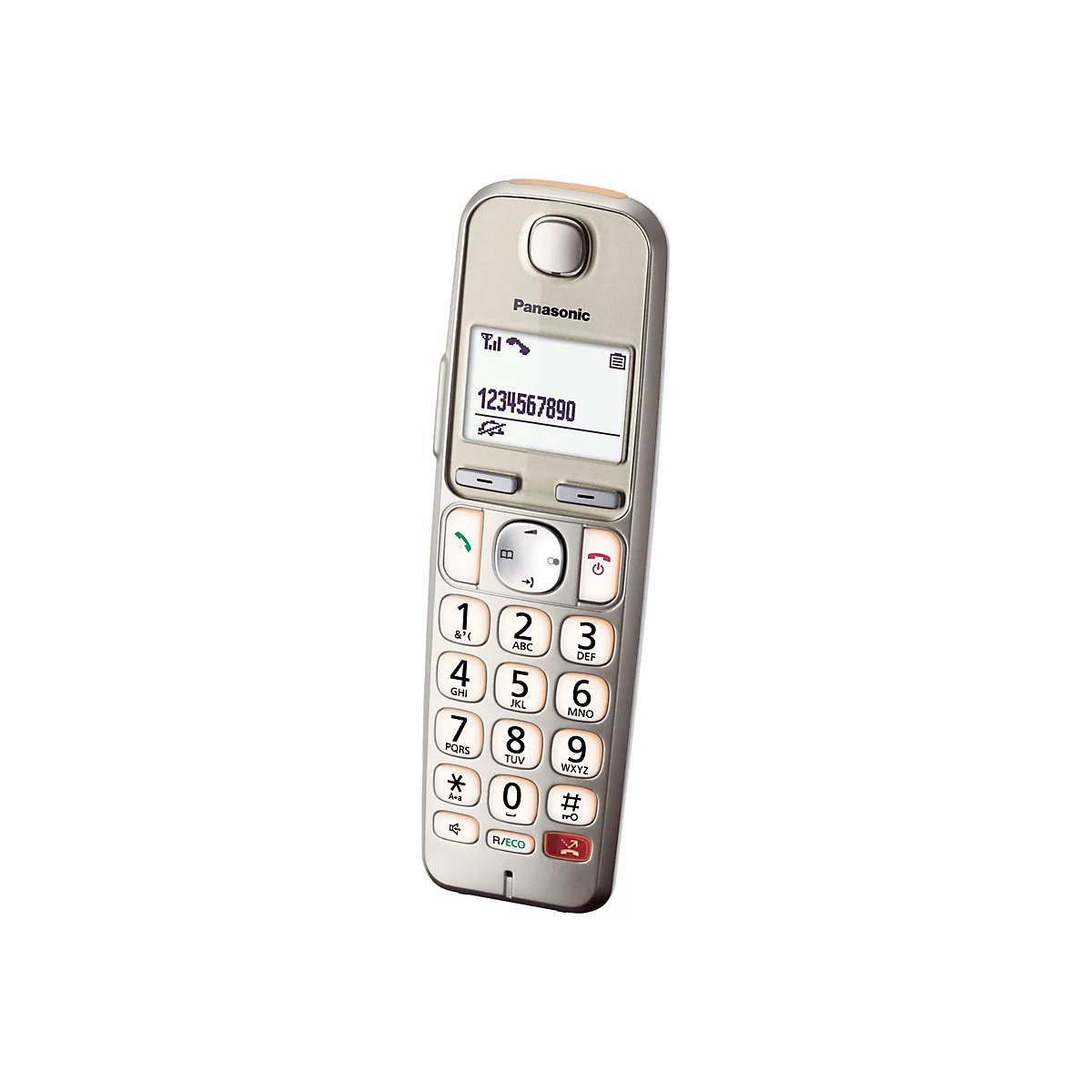 Ein silbernes schnurloses Telefon von Panasonic, mit Zifferntasten und einem Display, das eine Telefonnummer anzeigt.