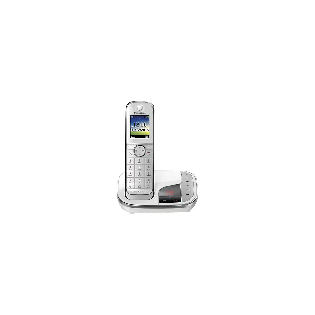 Schnurloses Festnetztelefon, weiß, mit Display und Ladestation. Uhrzeit und Datum sind auf dem Display sichtbar.