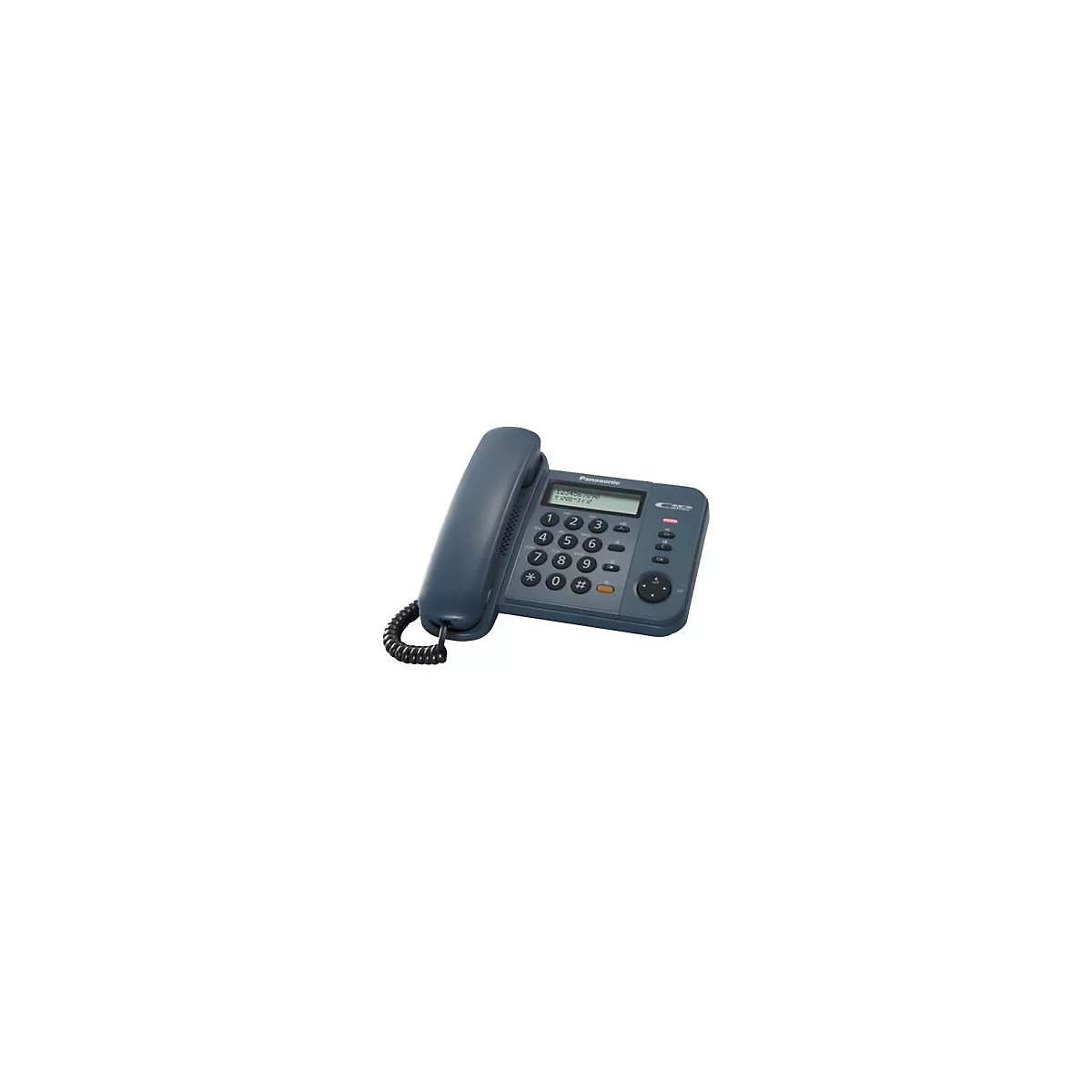 Dunkelgraues Panasonic Festnetztelefon mit Display, Zifferntastatur und Hörer auf weißem Hintergrund.
