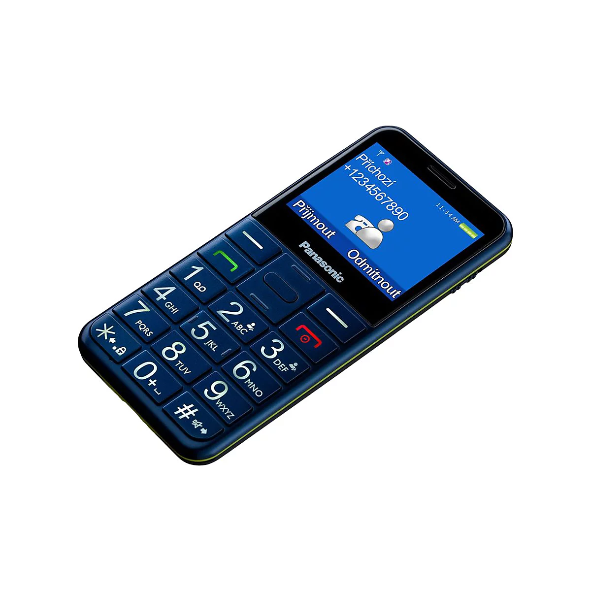 Dunkelblaues Mobiltelefon mit großen Tasten. Auf dem Display: eingehender Anruf, Telefonnummer, Annehmen und Ablehnen.