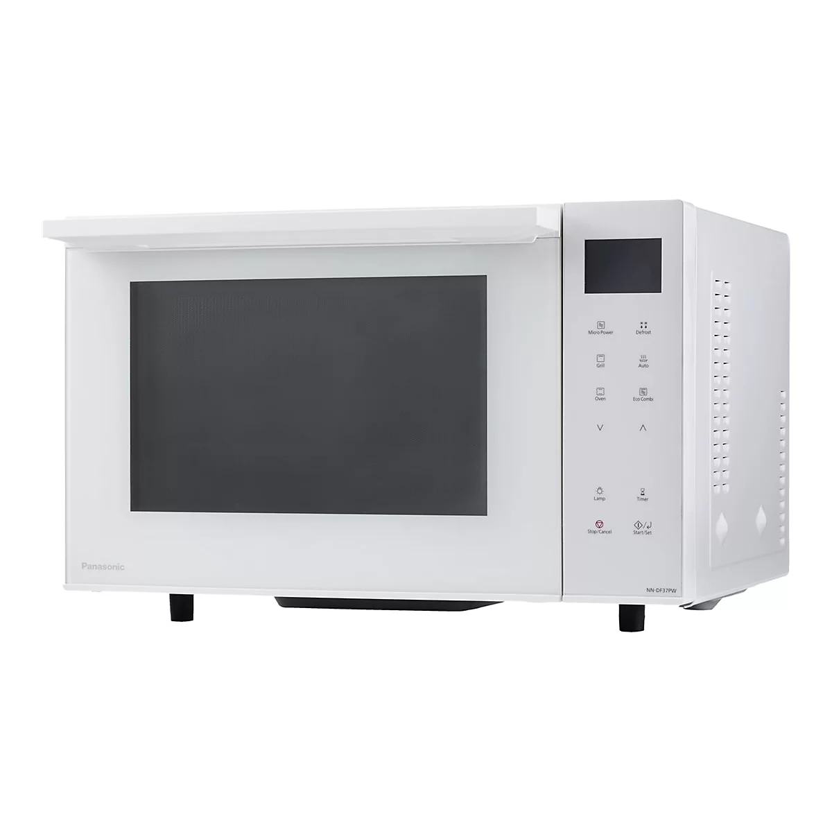 Weiße Panasonic Mikrowelle mit Bedienfeld auf der rechten Seite, vor weißem Hintergrund.