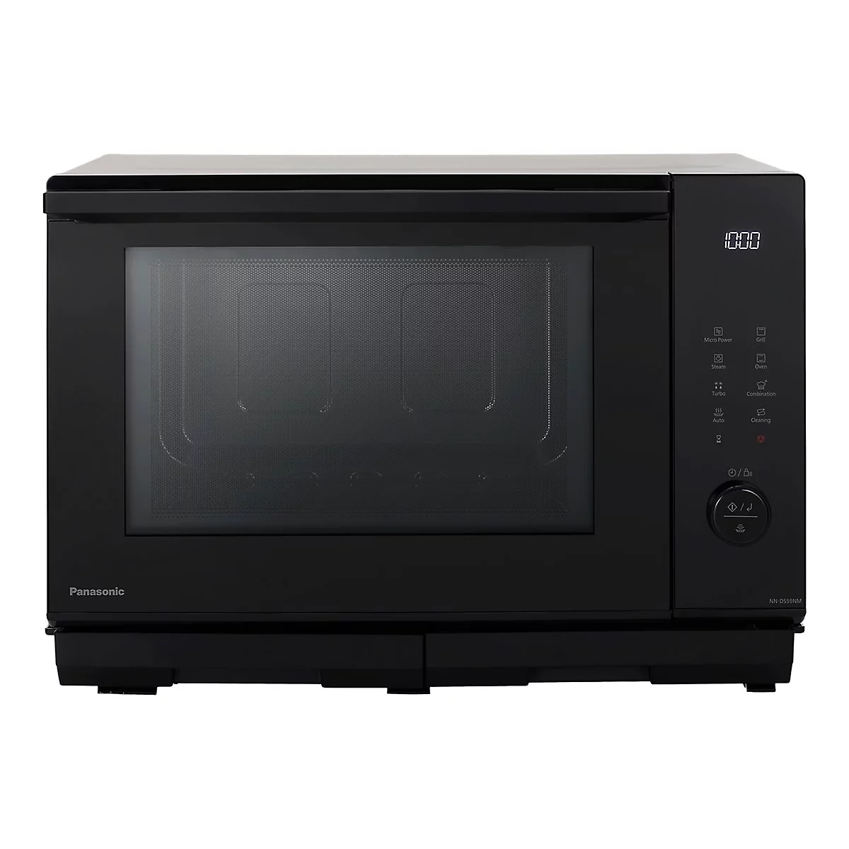Schwarze Panasonic Mikrowelle vor weißem Hintergrund mit Digitalanzeige und Bedienfeld.
