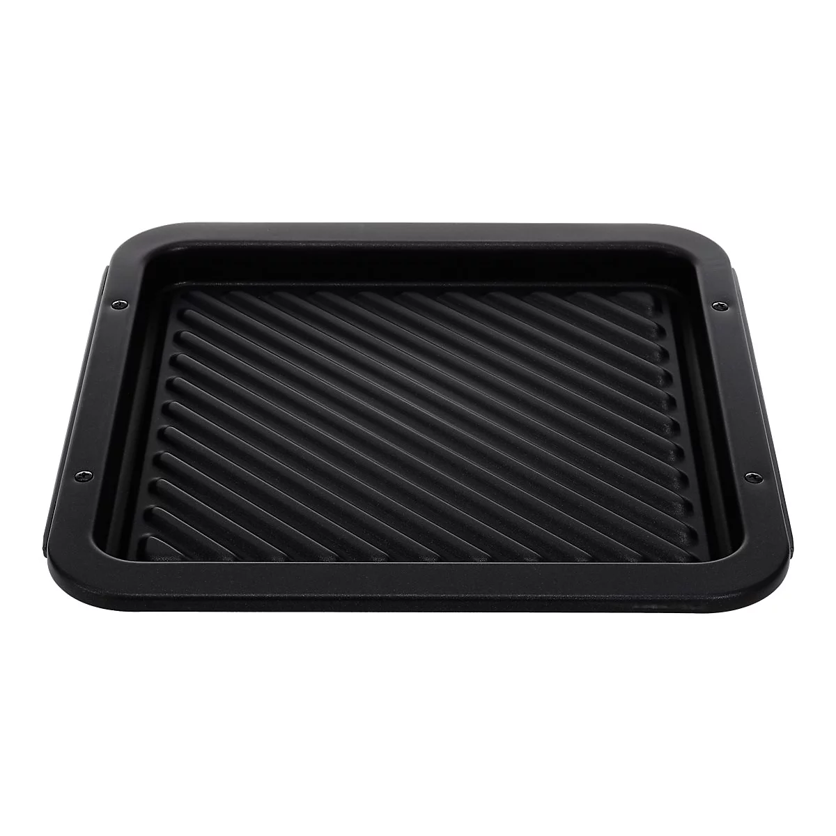Quadratische, schwarze Grillpfanne mit geriffelter Bodenstruktur vor weißem Hintergrund.