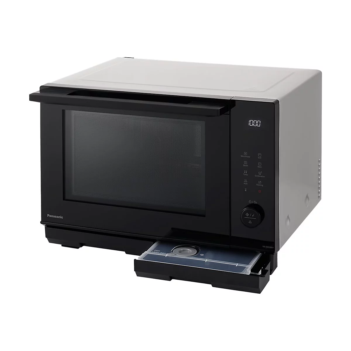 Silberne Panasonic Mikrowelle mit schwarzer Front und ausgezogenem Wassertank vor weißem Hintergrund.