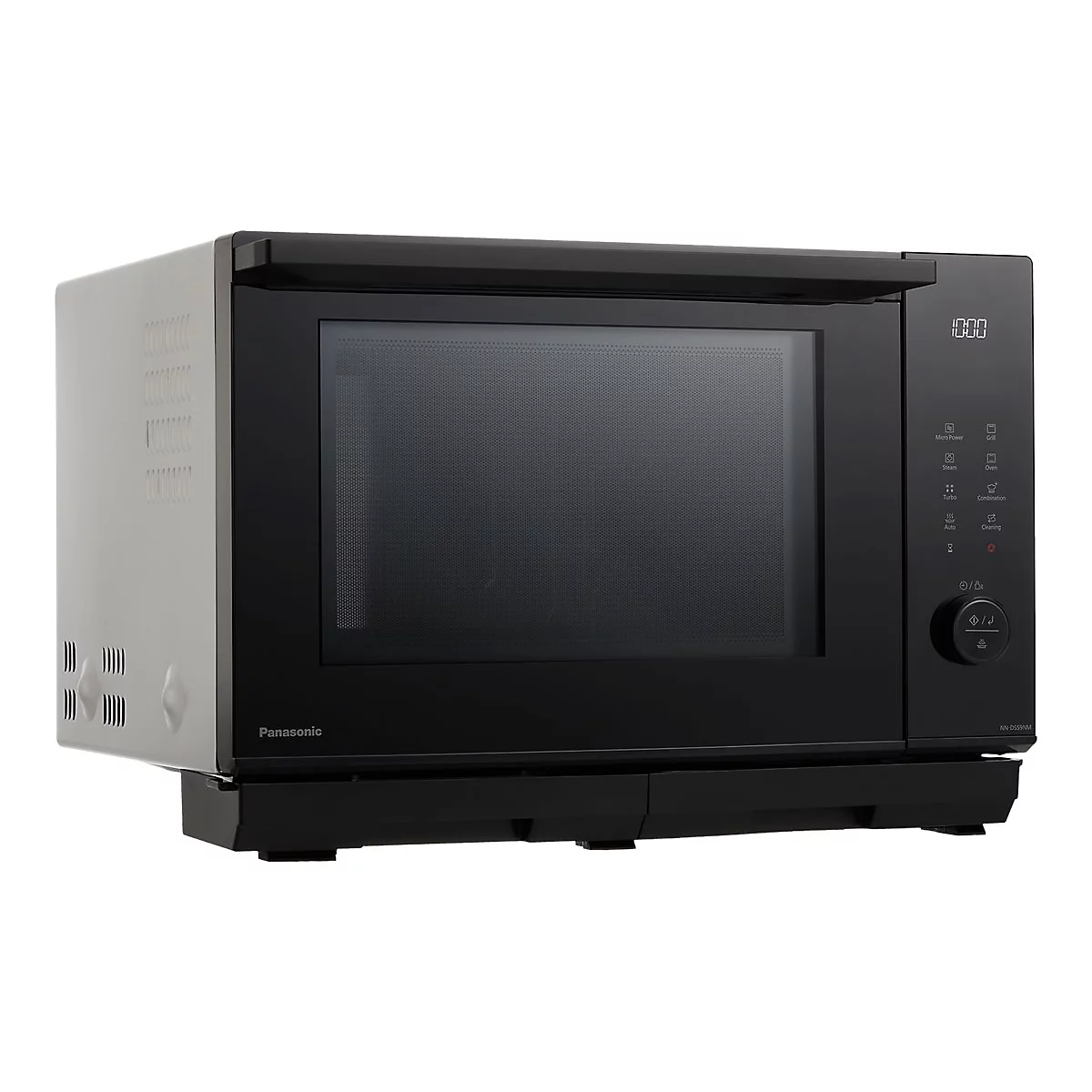 Schwarze Panasonic Mikrowelle vor weißem Hintergrund mit Digitalanzeige und Drehknopf.