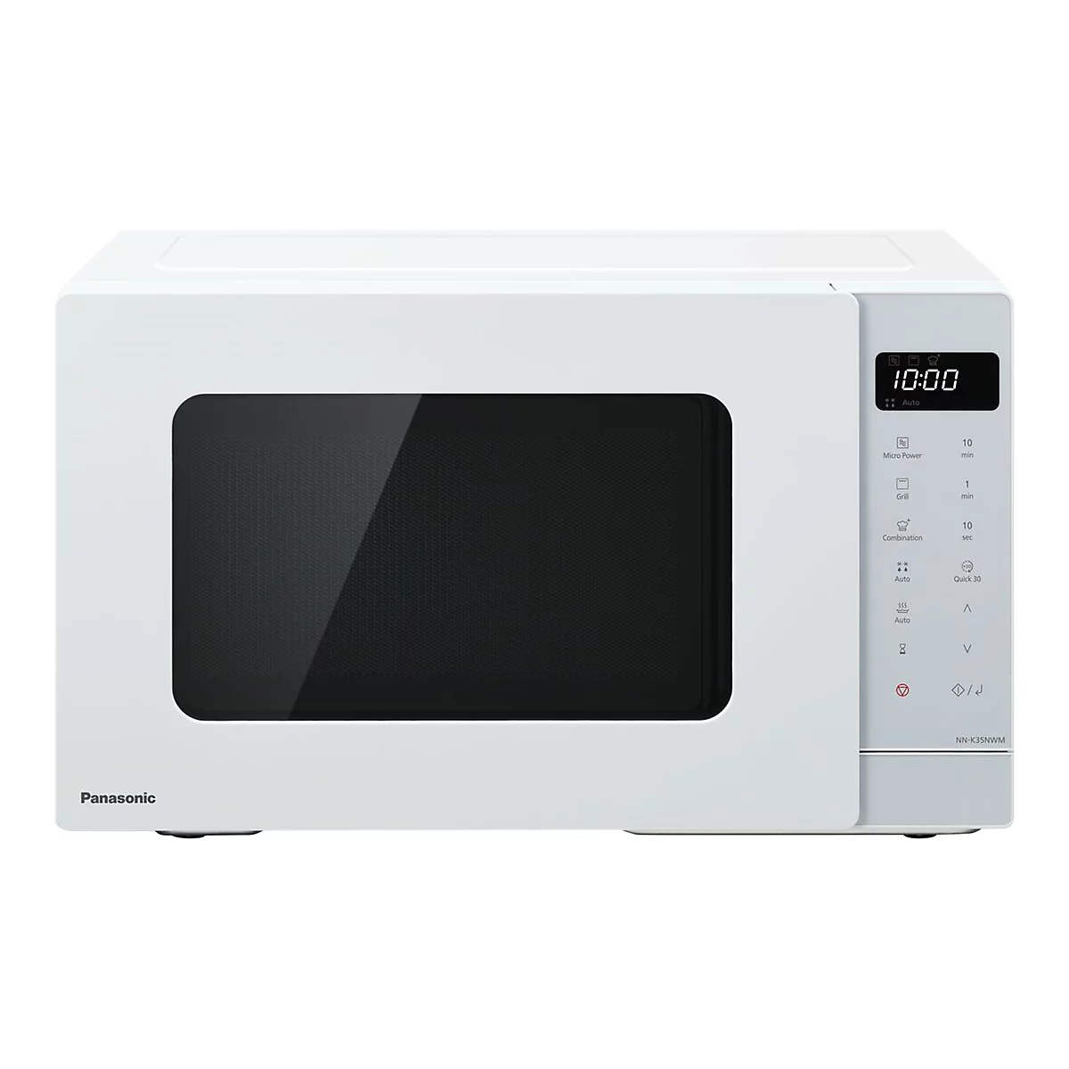 Weiße Panasonic Mikrowelle mit digitalem Display und Bedienfeld auf der rechten Seite vor neutralem Hintergrund.