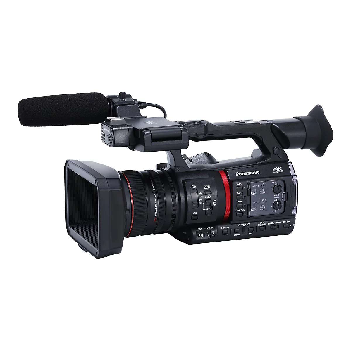 Schwarze 4K-Videokamera mit Mikrofonaufsatz, Objektiv und Bedienelementen.