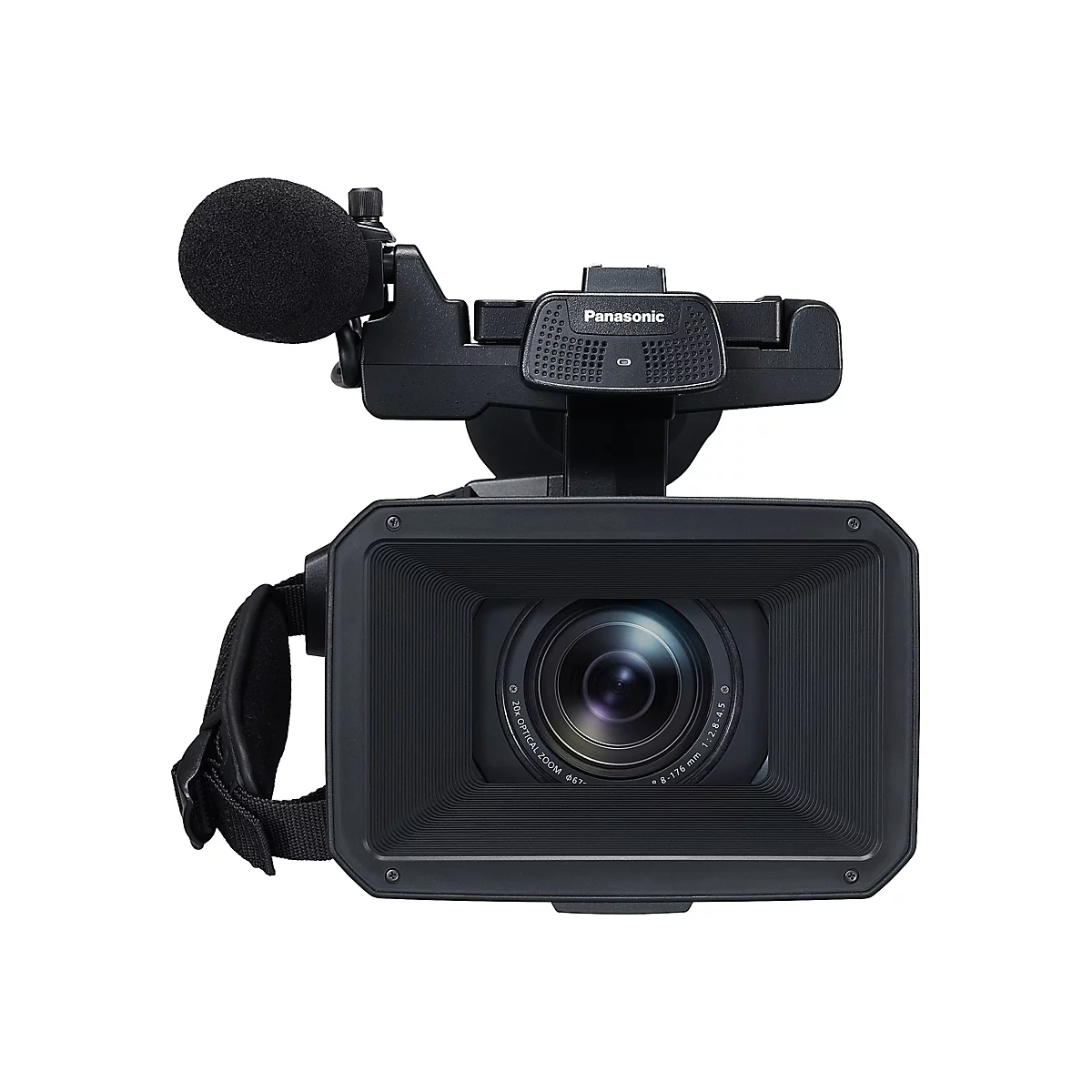 Frontansicht einer schwarzen Panasonic Videokamera mit großem Objektiv und aufgesetztem Mikrofon vor weißem Hintergrund.