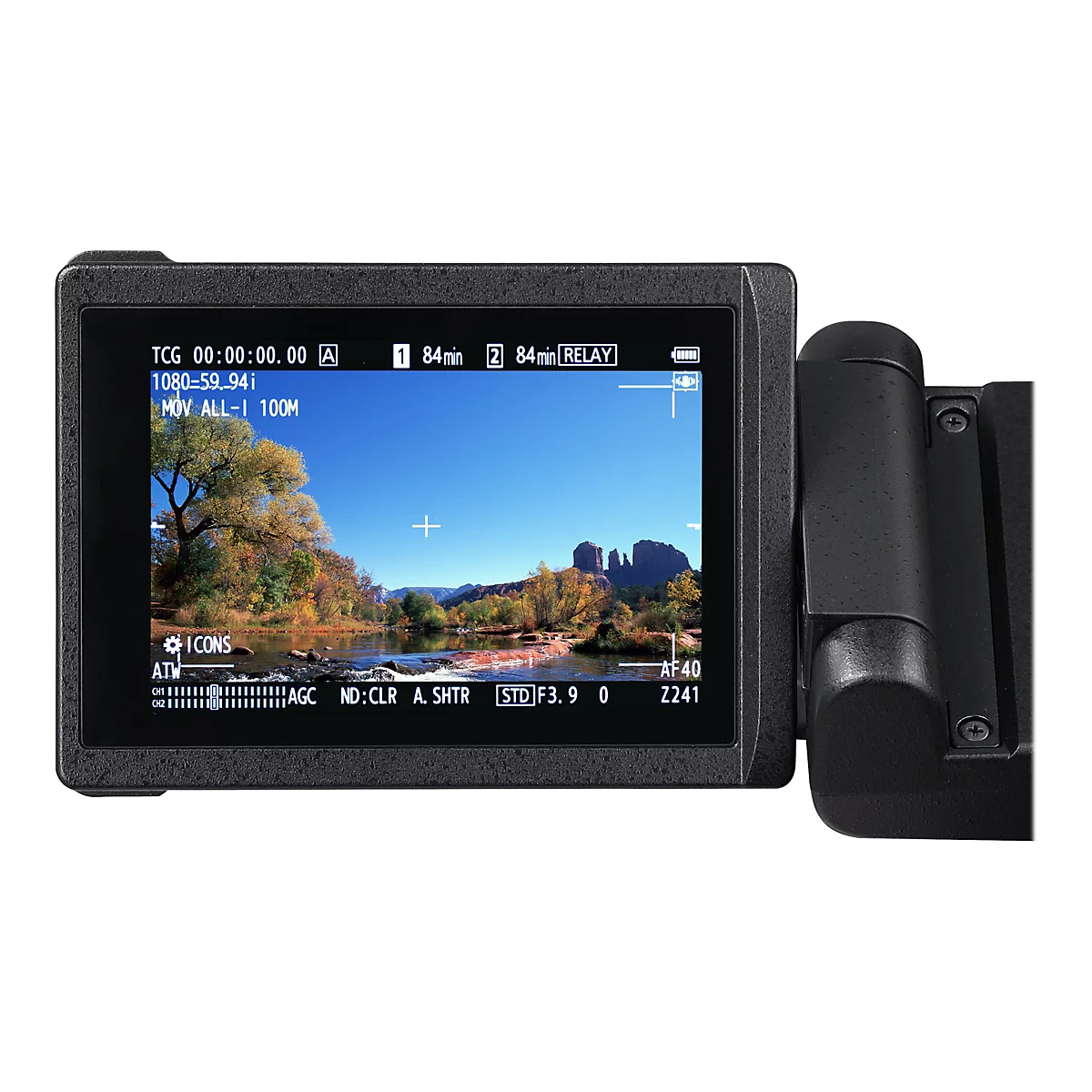 Display einer Videokamera zeigt eine Landschaft mit Fluss und Felsen sowie technische Aufnahmeparameter.