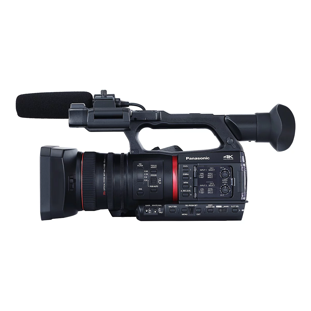 Schwarze Panasonic 4K Profi-Videokamera mit Mikrofon, seitliche Ansicht vor weißem Hintergrund.