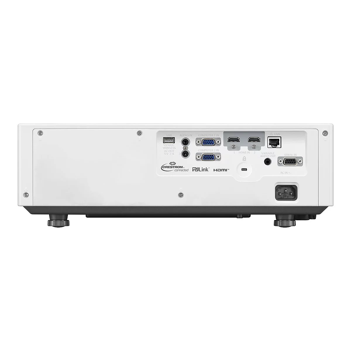 Rückseite eines weißen Projektors mit verschiedenen Anschlüssen wie HDMI, USB und VGA auf weißem Hintergrund.