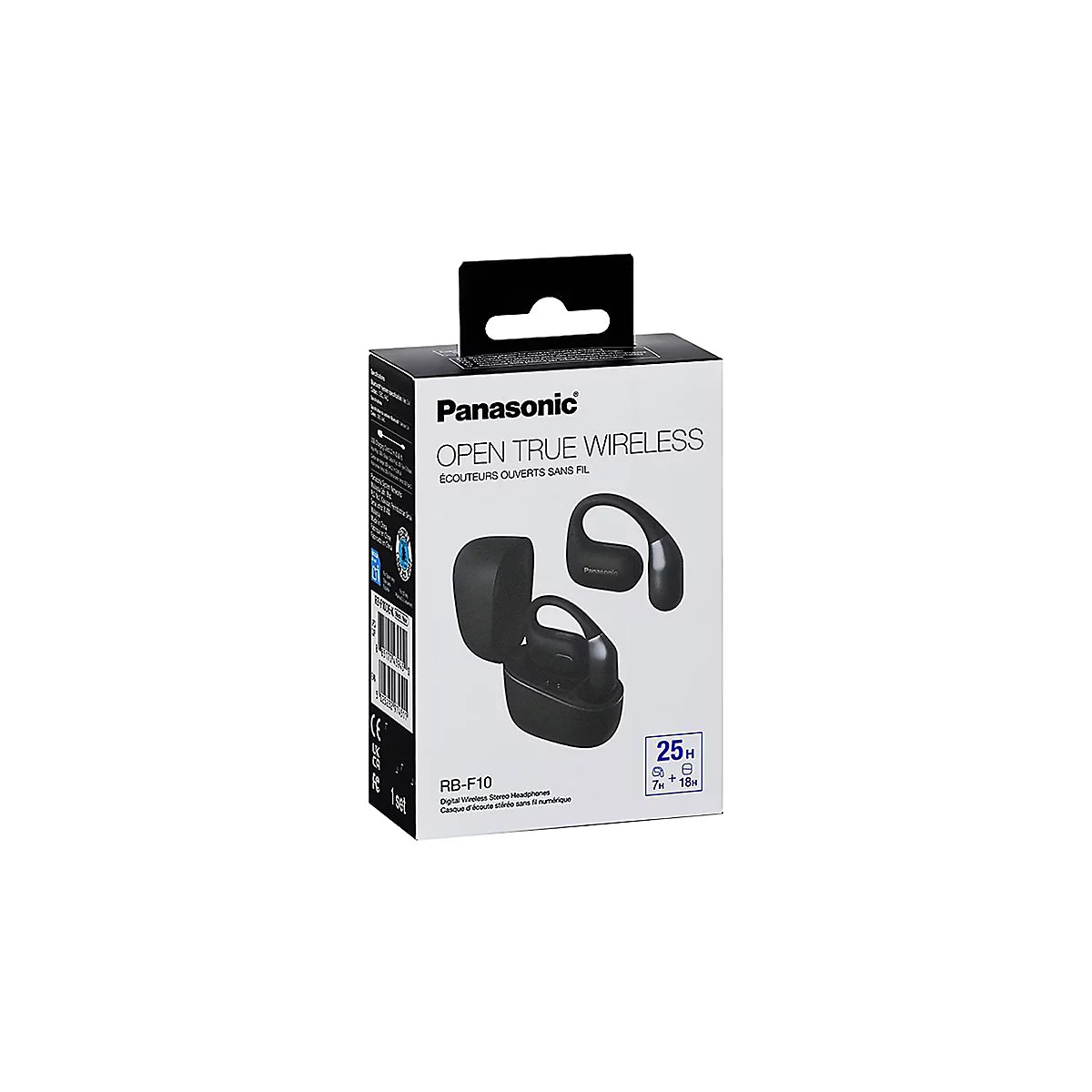Produktverpackung der kabellosen Panasonic RB-F10 Kopfhörer mit Ladecase vor weißem Hintergrund.