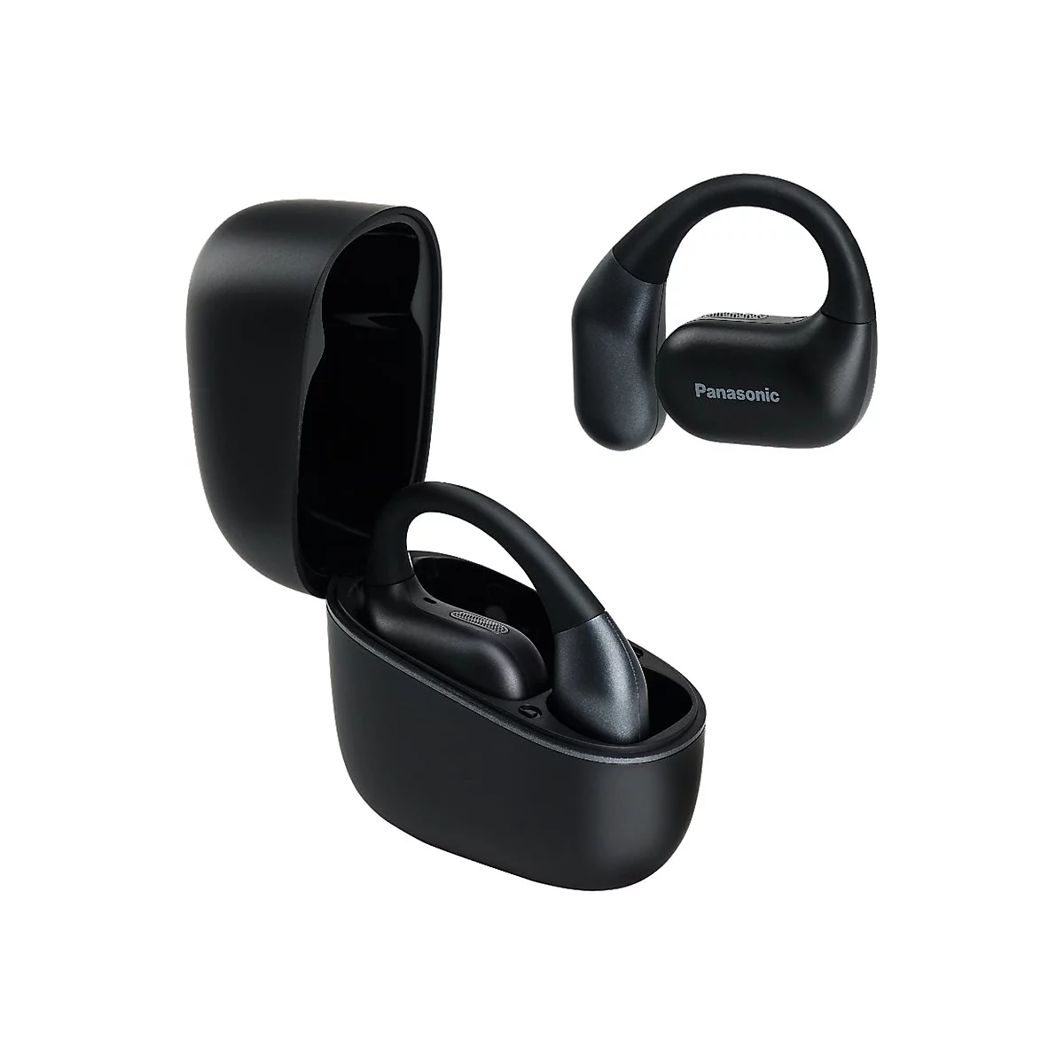 Schwarze Panasonic Open-Ear-Kopfhörer mit Ladecase auf weißem Hintergrund.