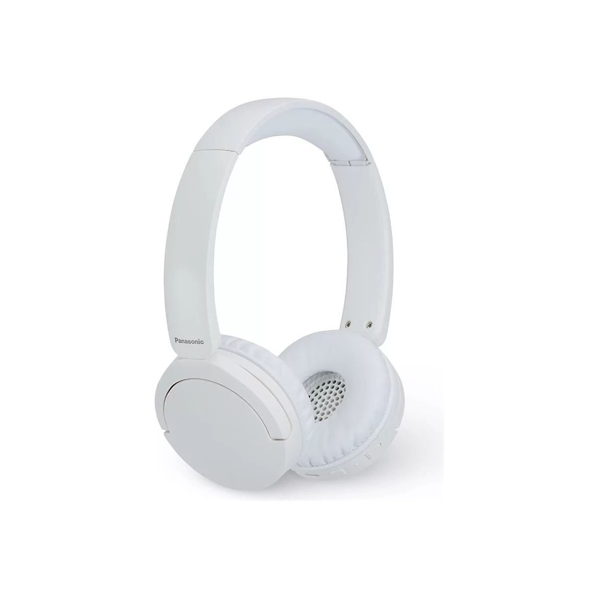 Weiße Panasonic On-Ear-Kopfhörer vor weißem Hintergrund mit gepolsterten Ohrmuscheln.
