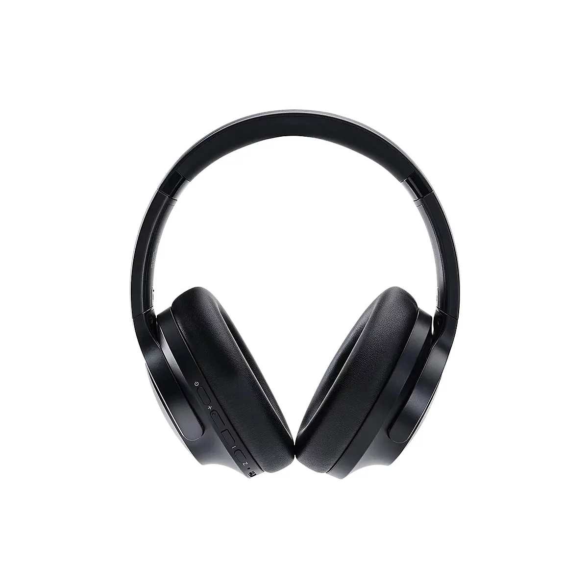 Schwarze Over-Ear-Kopfhörer vor weißem Hintergrund mit seitlichen Tasten für Lautstärke und Steuerung.