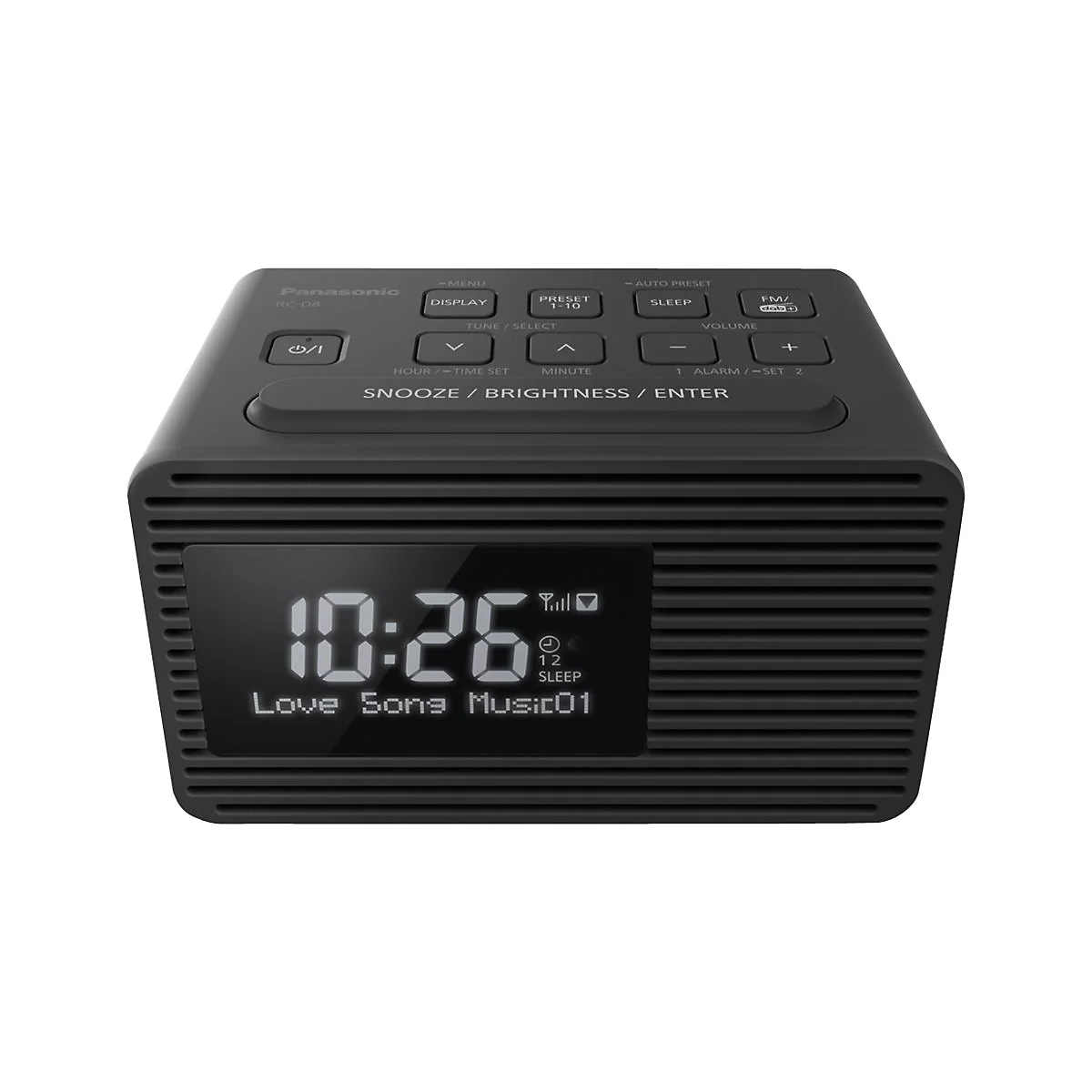 Dunkelgrauer Panasonic-Radiowecker. Uhrzeit 10:26 Uhr mit Radiosenderanzeige. Bedienknöpfe und Display, horizontal gerillt.