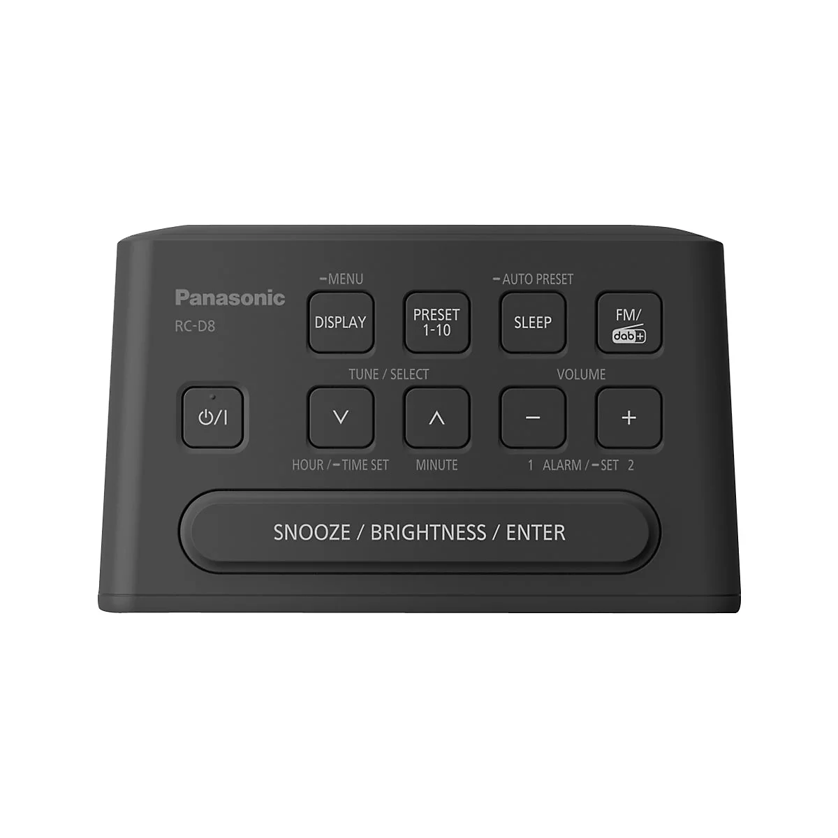 Dunkelgrauer Panasonic RC-D8 Radiowecker mit zahlreichen Knöpfen und Display.