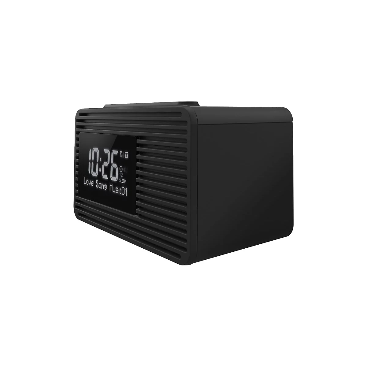Schwarzer Digitalwecker mit Display. Die Uhrzeit ist 10:26, daneben Symbole. Text: Love Song Music01, Sleep.