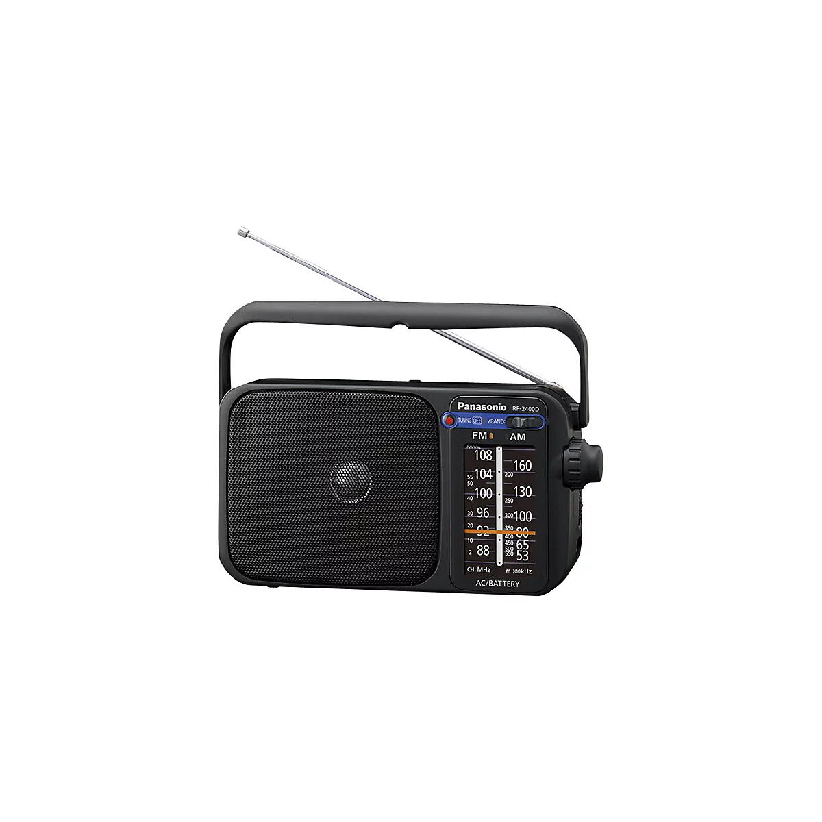 Schwarzes Panasonic-Radio mit ausziehbarer Antenne und Tragegriff. Auf dem Display sind Frequenzen von FM und AM zu sehen.
